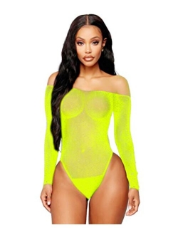 Abberrki Women Sexy Sparkle Rhinestone Teddy Fishnet Long Sleeve One Piece Bodysuit