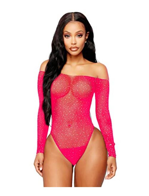 Abberrki Women Sexy Sparkle Rhinestone Teddy Fishnet Long Sleeve One Piece Bodysuit