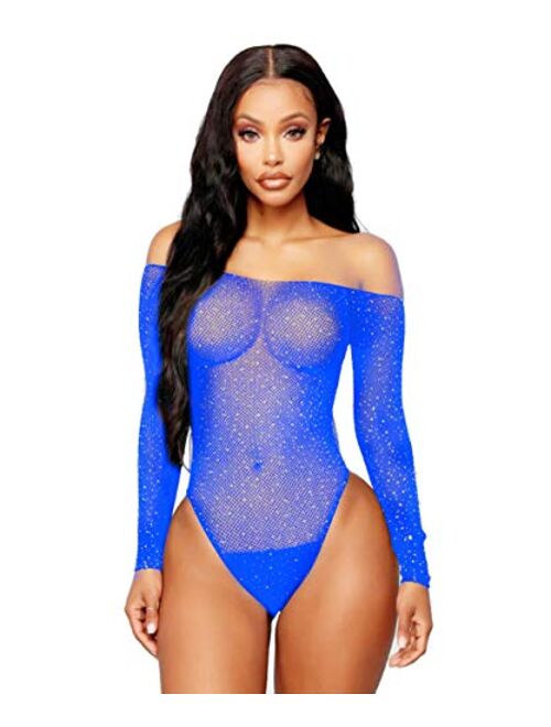 Abberrki Women Sexy Sparkle Rhinestone Teddy Fishnet Long Sleeve One Piece Bodysuit