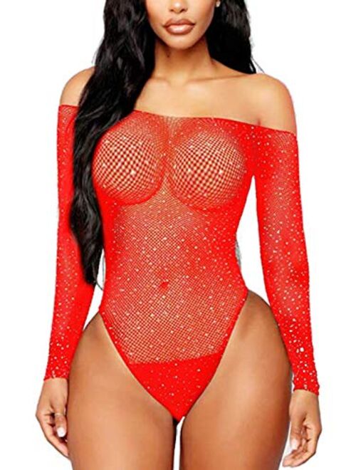 FasiCat Women Sexy Lace Flexible Fishnet Teddy Lingerie Mesh Bodysuit Women's Bodysuit Tops