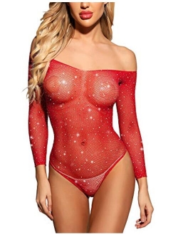 RSLOVE Women Lingerie Fishnet Bodysuit Sparkle Rhinestone Sexy Mesh Teddy Lingerie