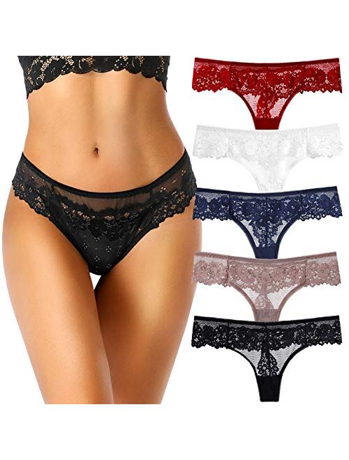 TERMEZY Pack of 5 Sexy Women All Lace Thong, Cotton Thong Lace Trim, Lace Pattern & 5 Colors