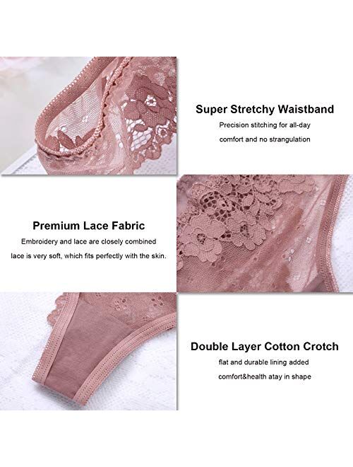 TERMEZY Pack of 5 Sexy Women All Lace Thong, Cotton Thong Lace Trim, Lace Pattern & 5 Colors