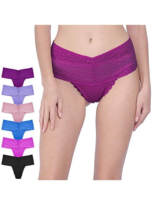 GAREDOB Lace High Waist Retro Cotton Thong Pack of 6,Assorted Different Lace Pattern & Colors