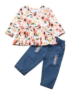 Toddler Girl Clothes Floral Ruffle Tops Shredded Jeans Pants Sets Little Girls Outfits