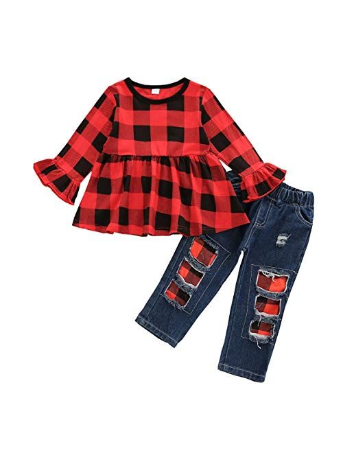 Toddler Girl Clothes Floral Ruffle Tops Shredded Jeans Pants Sets Little Girls Outfits