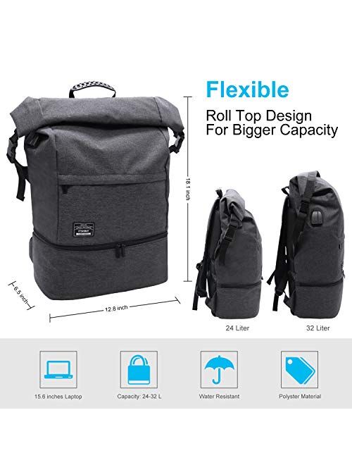 15.6 Travel Laptop Backpack,Roll Top Water Resistant Lightweight School Bag