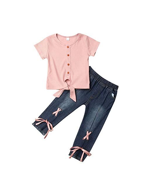 citgeett Toddler Baby Girls Denim Outfits Off Shoulder Tube Top+Ripped Jeans Pants Set Kids Summer Clothes