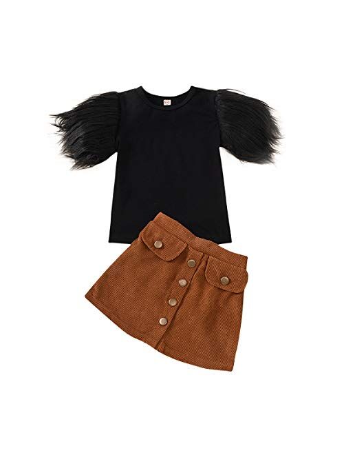 DuAnyozu Toddler Little Girl Skirt Outfits Feather Sleeve Tshirt Tops & Mini Corduroy Skirts Kids Fashion Clothes