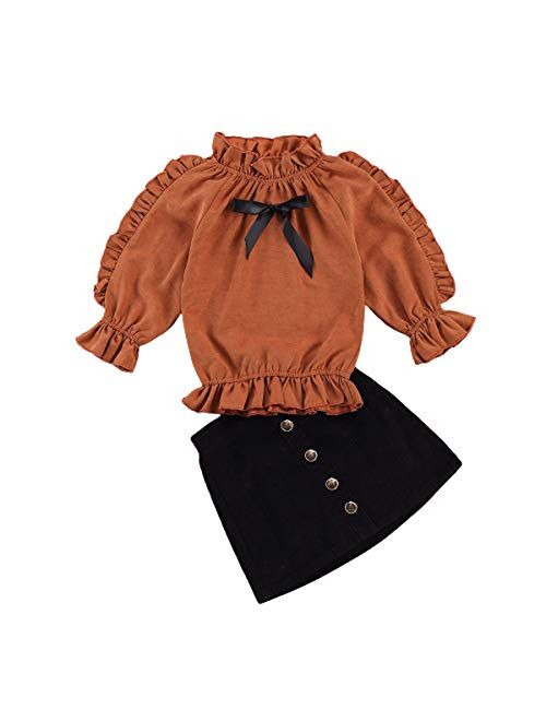 DuAnyozu Toddler Little Girl Skirt Outfits Feather Sleeve Tshirt Tops & Mini Corduroy Skirts Kids Fashion Clothes