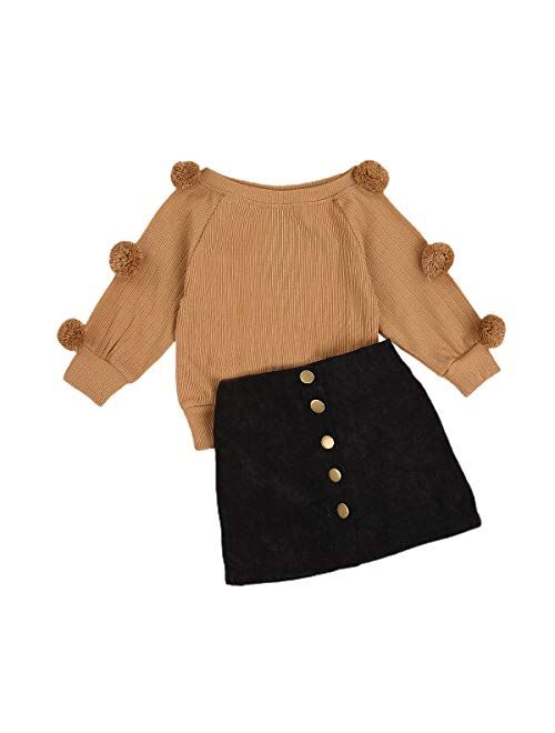 DuAnyozu Toddler Little Girl Skirt Outfits Feather Sleeve Tshirt Tops & Mini Corduroy Skirts Kids Fashion Clothes