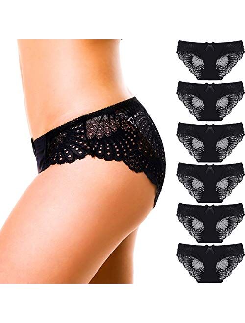 HOKEMP Womens Lace Underwear Briefs Seamless Bikini Panties Pack 6, Sexy Hipster