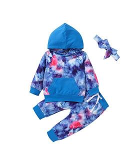 Infant Toddler Baby Hoodies Set Boy Girl Fall Winter Tie Dye Long Sleeve Sweatshirt with Hat Pants Tracksuit Outfit