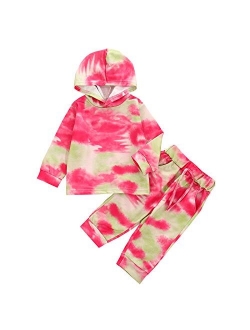 Infant Toddler Baby Hoodies Set Boy Girl Fall Winter Tie Dye Long Sleeve Sweatshirt with Hat Pants Tracksuit Outfit