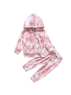 Infant Toddler Baby Hoodies Set Boy Girl Fall Winter Tie Dye Long Sleeve Sweatshirt with Hat Pants Tracksuit Outfit