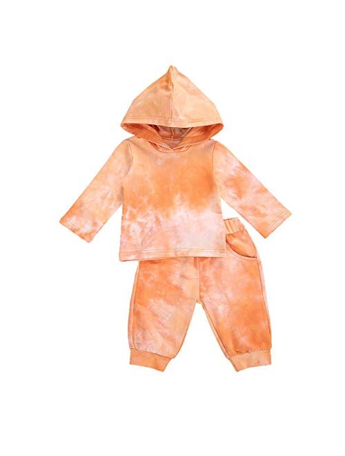 Infant Toddler Baby Hoodies Set Boy Girl Fall Winter Tie Dye Long Sleeve Sweatshirt with Hat Pants Tracksuit Outfit