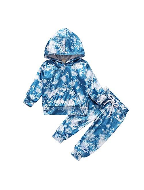 Infant Toddler Baby Hoodies Set Boy Girl Fall Winter Tie Dye Long Sleeve Sweatshirt with Hat Pants Tracksuit Outfit