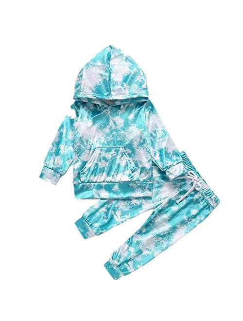 Infant Toddler Baby Hoodies Set Boy Girl Fall Winter Tie Dye Long Sleeve Sweatshirt with Hat Pants Tracksuit Outfit