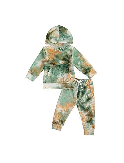 Infant Toddler Baby Hoodies Set Boy Girl Fall Winter Tie Dye Long Sleeve Sweatshirt with Hat Pants Tracksuit Outfit