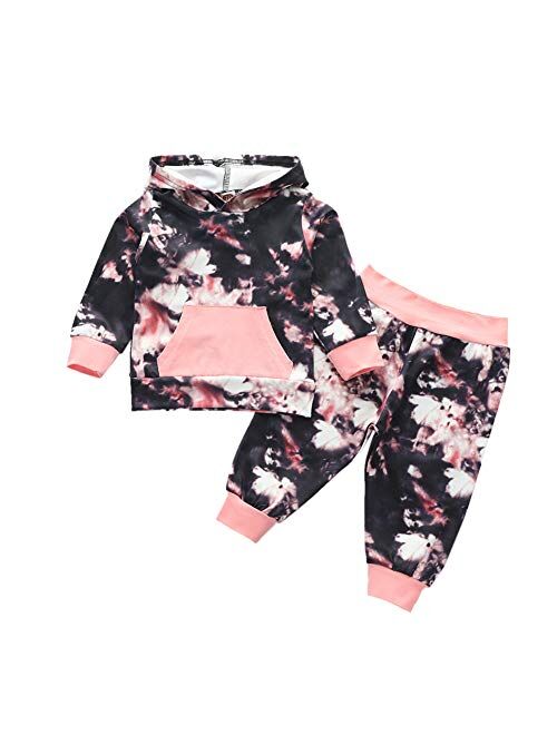 Infant Toddler Baby Hoodies Set Boy Girl Fall Winter Tie Dye Long Sleeve Sweatshirt with Hat Pants Tracksuit Outfit