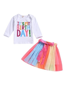 Baby Little Girls Letters T-Shirt + Colorful Rainbow Skirts Birthday Gift Outfits Set