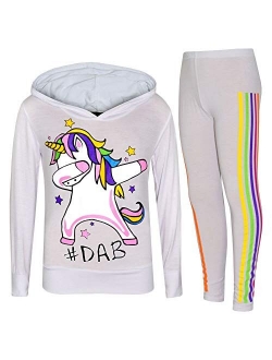 Kids Girls Rainbow Unicorn #Dab Floss Hooded Top Legging Set Tracksuit 7-13 Year