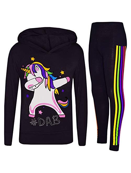 Kids Girls Rainbow Unicorn #Dab Floss Hooded Top Legging Set Tracksuit 7-13 Year