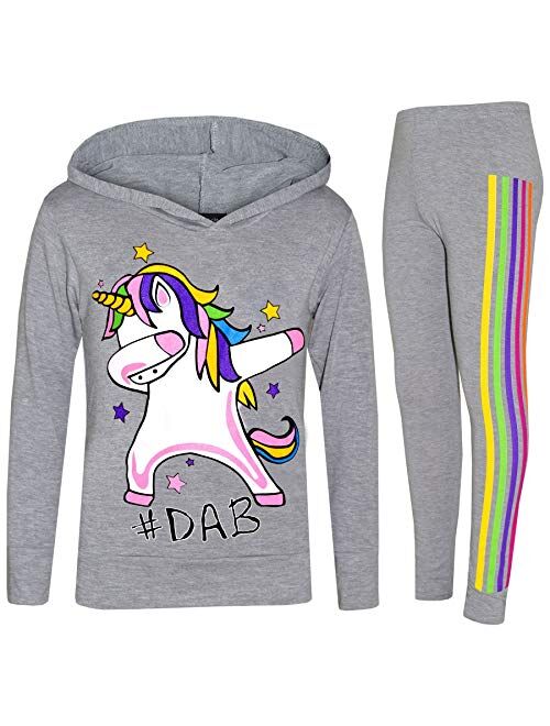 Kids Girls Rainbow Unicorn #Dab Floss Hooded Top Legging Set Tracksuit 7-13 Year