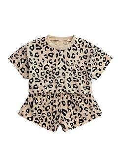 Cute Girls 2Pcs Leopard Outfits Set Summer Short Sleeve T-Shirt + Shorts Clothes