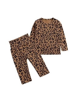 Cute Girls 2Pcs Leopard Outfits Set Summer Short Sleeve T-Shirt + Shorts Clothes