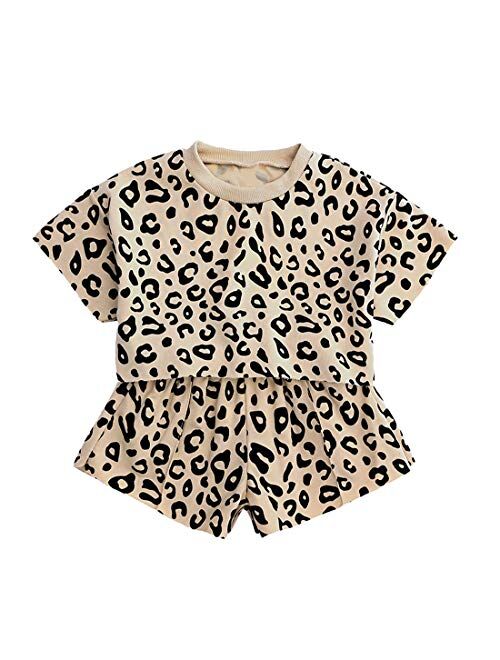 Cute Girls 2Pcs Leopard Outfits Set Summer Short Sleeve T-Shirt + Shorts Clothes