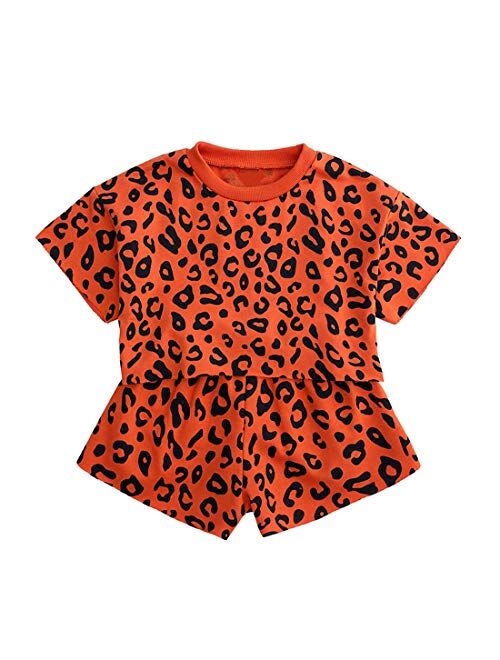 Cute Girls 2Pcs Leopard Outfits Set Summer Short Sleeve T-Shirt + Shorts Clothes