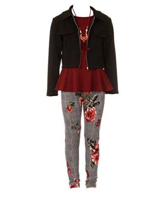 iGirlDress Girls 4 Pieces Pant Set Long Sleeve Jacket Necklace Floral Plaid Pant 4-14