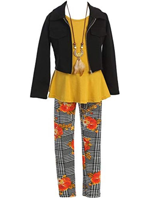 iGirlDress Girls 4 Pieces Pant Set Long Sleeve Jacket Necklace Floral Plaid Pant 4-14