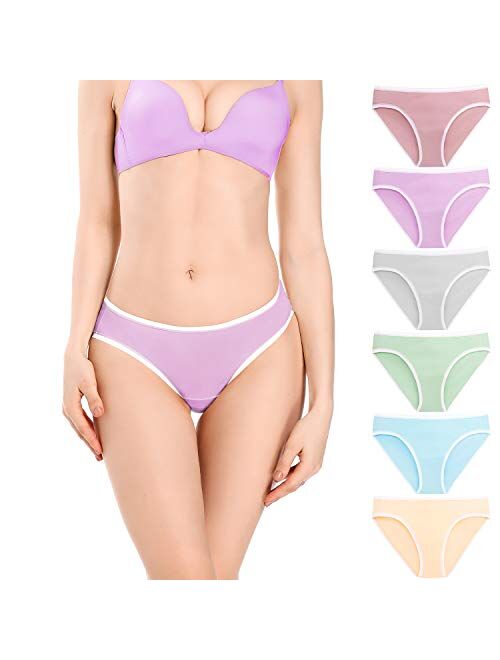 POKARLA Women's Hi-Cut Bikini Panties Soft Stretch Cotton Underwear Hipster Ladies Briefs 6-Pack(Regular & Plus Size)