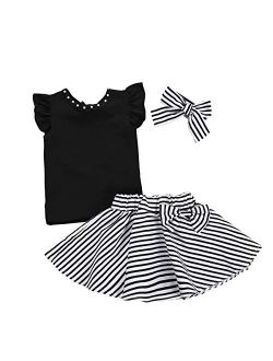 3Pcs Toddler Kids Girls Skirt Set Flare Sleeves Top+Black Striped Skirt Bow Summer Clothes Set