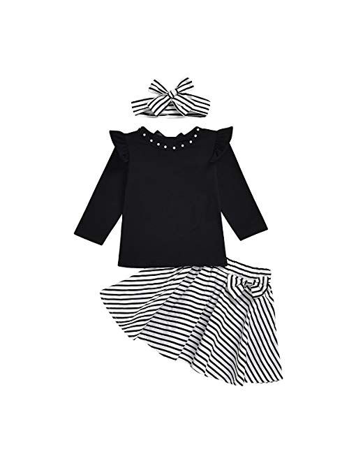 3Pcs Toddler Kids Girls Skirt Set Flare Sleeves Top+Black Striped Skirt Bow Summer Clothes Set