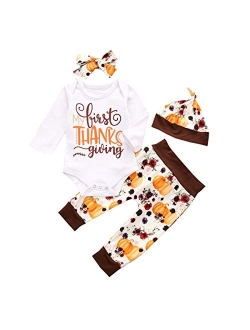 Newborn Baby Girl Boy Thanksgiving Clothes Daddy's Mommy's Little Turkey Romper+Pumpkin Pants + Headband & Hat Outfits Set