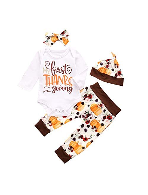 Newborn Baby Girl Boy Thanksgiving Clothes Daddy's Mommy's Little Turkey Romper+Pumpkin Pants + Headband & Hat Outfits Set