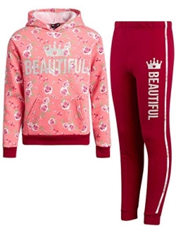 Real Love Girls' 2-Piece Fleece Jogger Pant Set with Sequined Pullover Hoodie