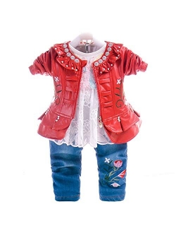 6M-4Years Spring Autumn Baby Girls Clothing Set 3pcs Long Sleeve T-Shirt Denim Jacket and Jeans