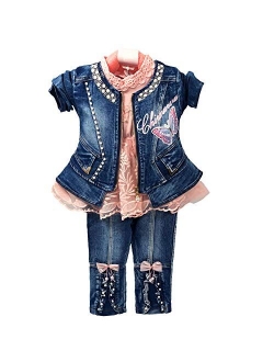 6M-4Years Spring Autumn Baby Girls Clothing Set 3pcs Long Sleeve T-Shirt Denim Jacket and Jeans