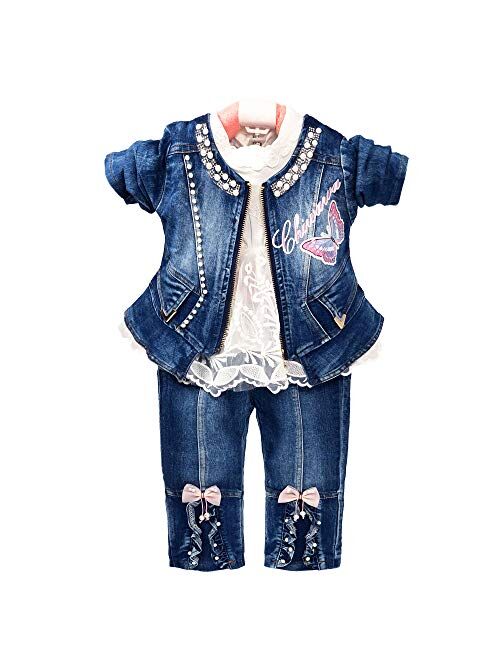 6M-4Years Spring Autumn Baby Girls Clothing Set 3pcs Long Sleeve T-Shirt Denim Jacket and Jeans