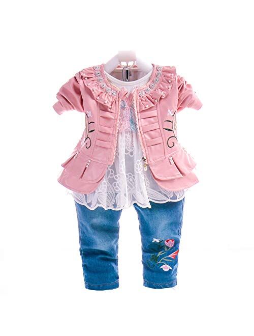 6M-4Years Spring Autumn Baby Girls Clothing Set 3pcs Long Sleeve T-Shirt Denim Jacket and Jeans