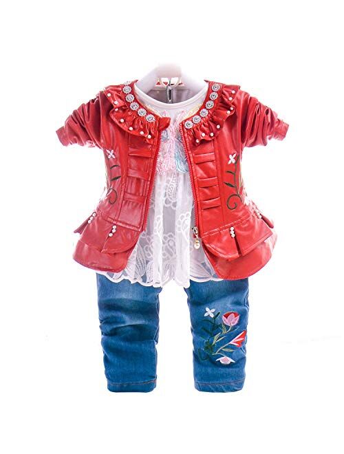 6M-4Years Spring Autumn Baby Girls Clothing Set 3pcs Long Sleeve T-Shirt Denim Jacket and Jeans