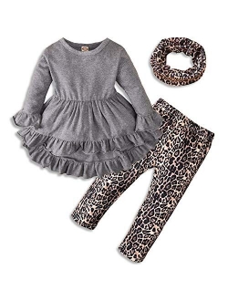 Toddler Girls Fall Outfits Long Sleeve Tunic Dress+Leopard Print Leggings+Scarf