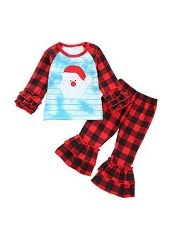 2Pcs Baby Girls Halloween Christmas Clothes Ruffle Tops Long Sleeve T-Shirt + Bell Bottom Pants Plaid Pants Outfits Set