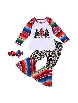 2Pcs Baby Girls Halloween Christmas Clothes Ruffle Tops Long Sleeve T-Shirt + Bell Bottom Pants Plaid Pants Outfits Set