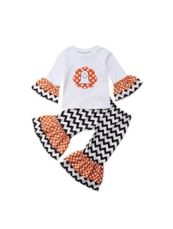 2Pcs Baby Girls Halloween Christmas Clothes Ruffle Tops Long Sleeve T-Shirt + Bell Bottom Pants Plaid Pants Outfits Set