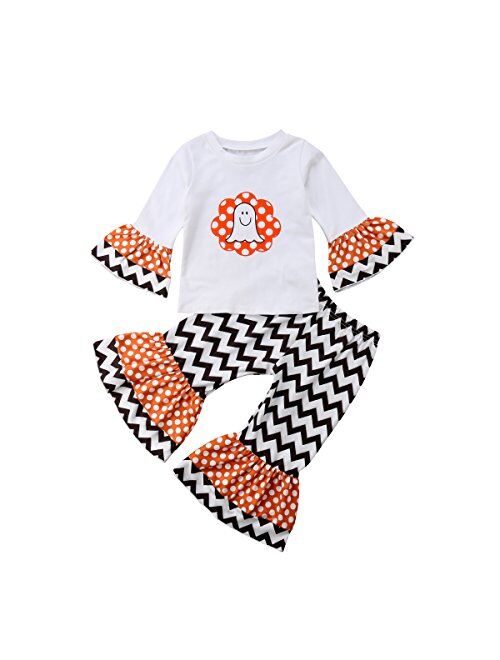 2Pcs Baby Girls Halloween Christmas Clothes Ruffle Tops Long Sleeve T-Shirt + Bell Bottom Pants Plaid Pants Outfits Set